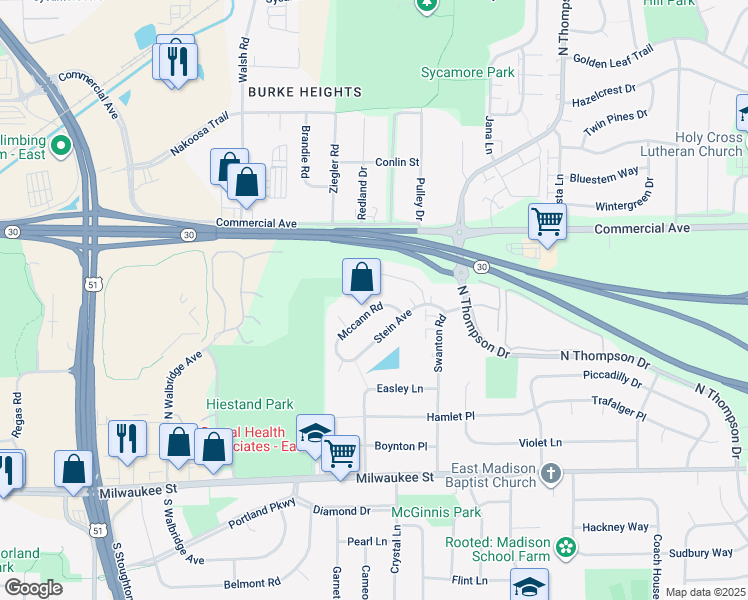 map of restaurants, bars, coffee shops, grocery stores, and more near 4557 Mccann Road in Madison
