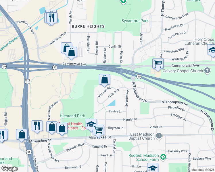 map of restaurants, bars, coffee shops, grocery stores, and more near 4557 Mccann Road in Madison