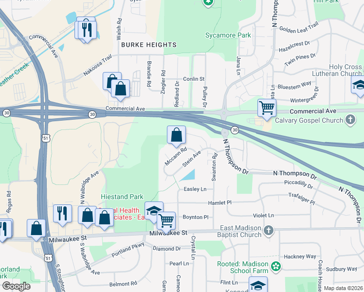 map of restaurants, bars, coffee shops, grocery stores, and more near 4557 Mccann Road in Madison