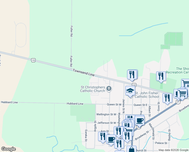 map of restaurants, bars, coffee shops, grocery stores, and more near 5975 Townsend Line in Lambton County