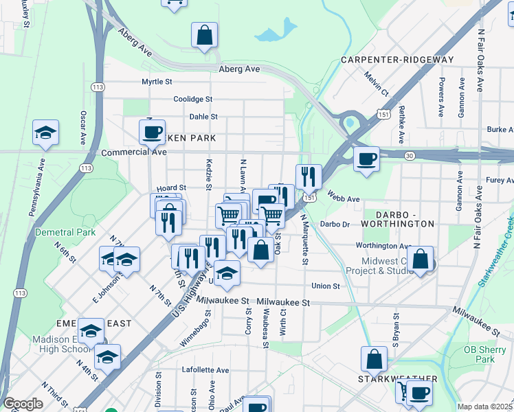 map of restaurants, bars, coffee shops, grocery stores, and more near 404 Algoma Street in Madison