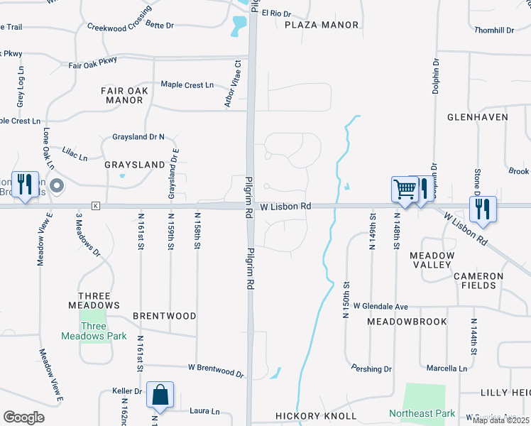map of restaurants, bars, coffee shops, grocery stores, and more near 15430 Elmbrook Way in Brookfield
