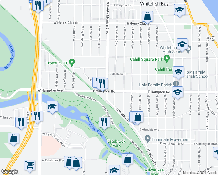 map of restaurants, bars, coffee shops, grocery stores, and more near 4810 North Santa Monica Boulevard in Whitefish Bay