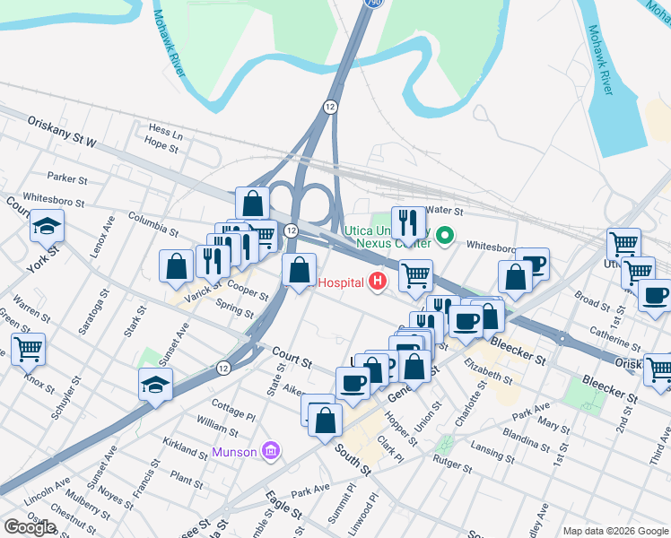 map of restaurants, bars, coffee shops, grocery stores, and more near 433 Lafayette Street in Utica