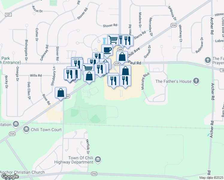 map of restaurants, bars, coffee shops, grocery stores, and more near 3181 Chili Avenue in Rochester