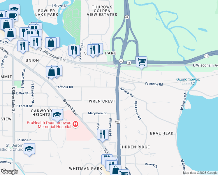 map of restaurants, bars, coffee shops, grocery stores, and more near 903 Armour Road in Oconomowoc