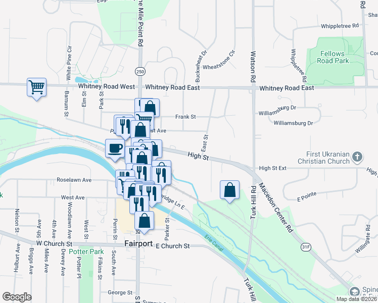 map of restaurants, bars, coffee shops, grocery stores, and more near 91 High Street in Fairport