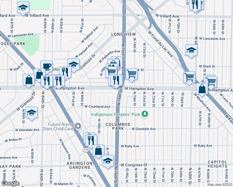 map of restaurants, bars, coffee shops, grocery stores, and more near 4738 North 76th Street in Milwaukee