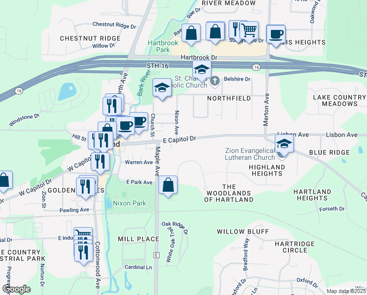 map of restaurants, bars, coffee shops, grocery stores, and more near 409 East Capitol Drive in Hartland