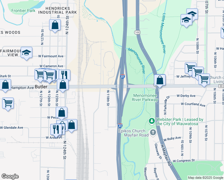 map of restaurants, bars, coffee shops, grocery stores, and more near 4765 North 117th Street in Wauwatosa