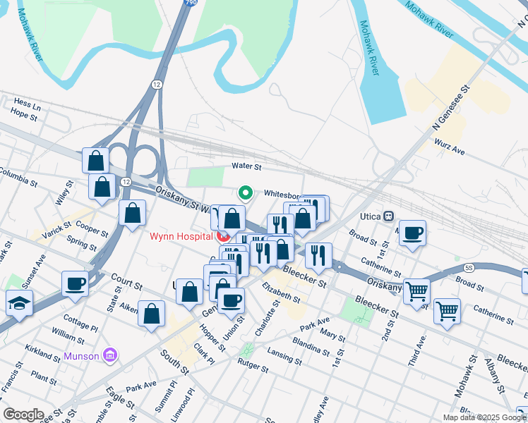 map of restaurants, bars, coffee shops, grocery stores, and more near 200 Liberty St in Utica