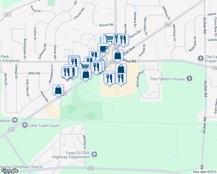 map of restaurants, bars, coffee shops, grocery stores, and more near 3181 Chili Avenue in Rochester