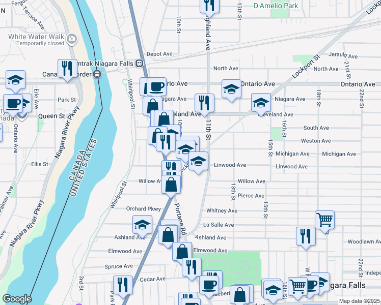 map of restaurants, bars, coffee shops, grocery stores, and more near 1634 Lockport Street in Niagara Falls