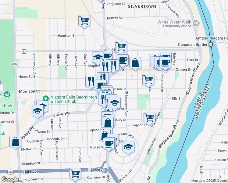 map of restaurants, bars, coffee shops, grocery stores, and more near 4848 Victoria Avenue in Niagara Falls