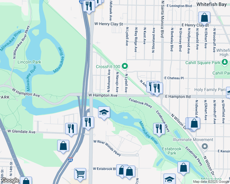 map of restaurants, bars, coffee shops, grocery stores, and more near 306 West Hampton Avenue in Milwaukee