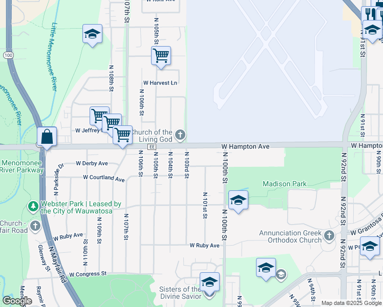 map of restaurants, bars, coffee shops, grocery stores, and more near 4739 North 103rd Street in Wauwatosa