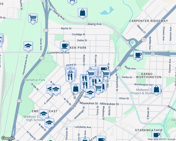 map of restaurants, bars, coffee shops, grocery stores, and more near 321 Kedzie Street in Madison