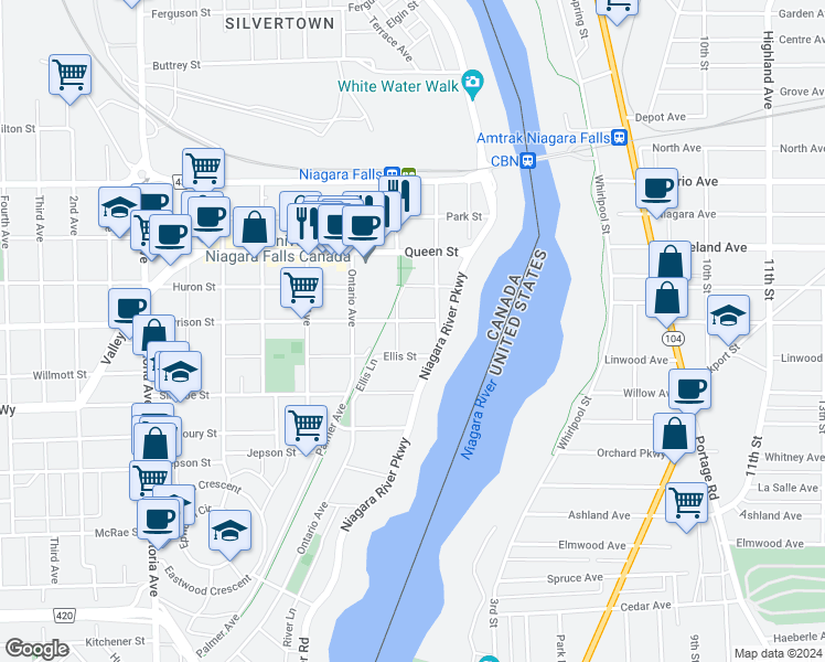 map of restaurants, bars, coffee shops, grocery stores, and more near 4268 Morrison Street in Niagara Falls