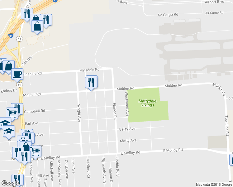 map of restaurants, bars, coffee shops, grocery stores, and more near 516 Florida Road in Syracuse