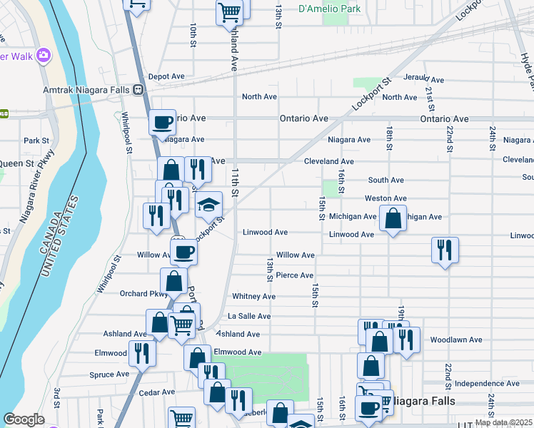 map of restaurants, bars, coffee shops, grocery stores, and more near 1602 13th Street in Niagara Falls