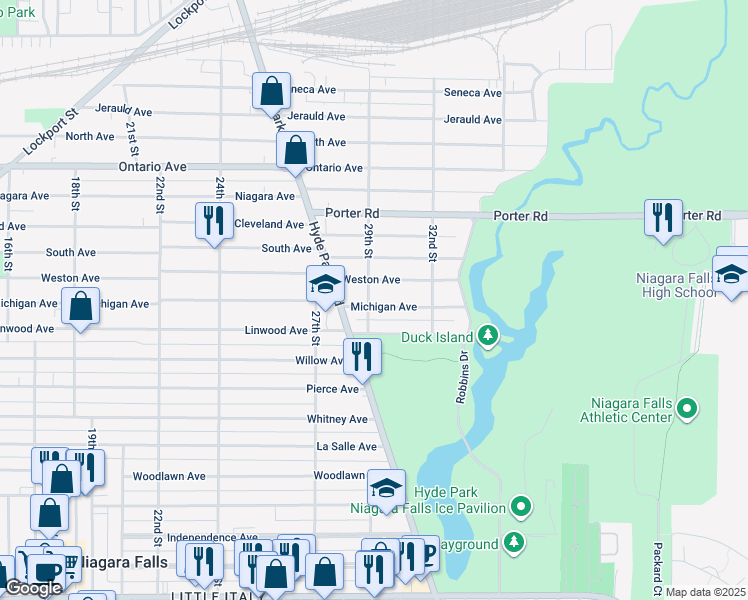 map of restaurants, bars, coffee shops, grocery stores, and more near 2906 Michigan Avenue in Niagara Falls