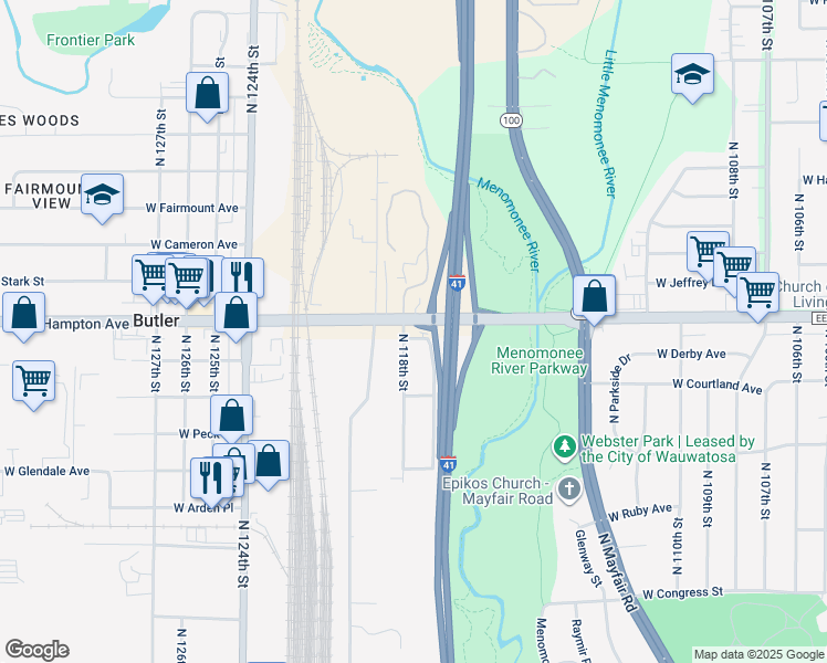 map of restaurants, bars, coffee shops, grocery stores, and more near 4780 North 118th Street in Milwaukee