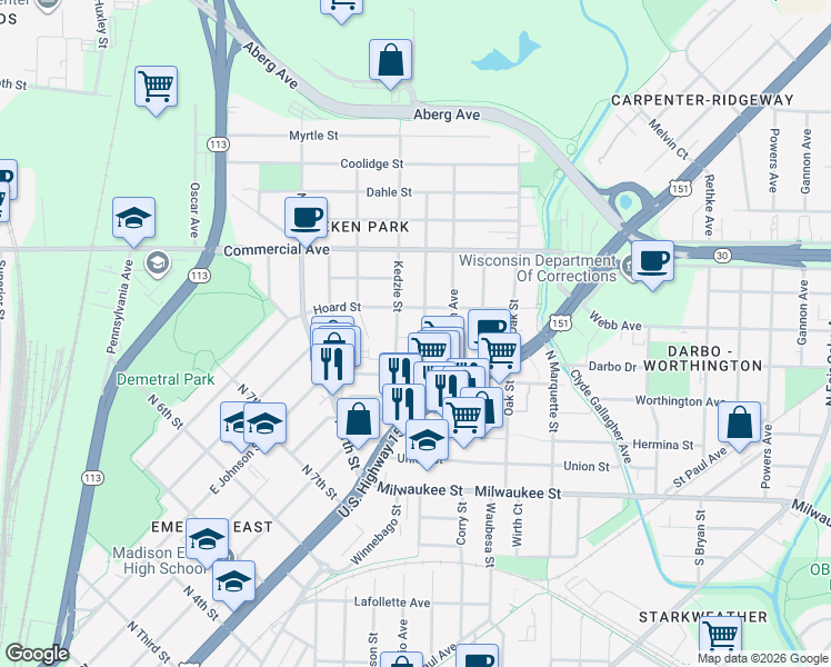 map of restaurants, bars, coffee shops, grocery stores, and more near 321 Kedzie Street in Madison