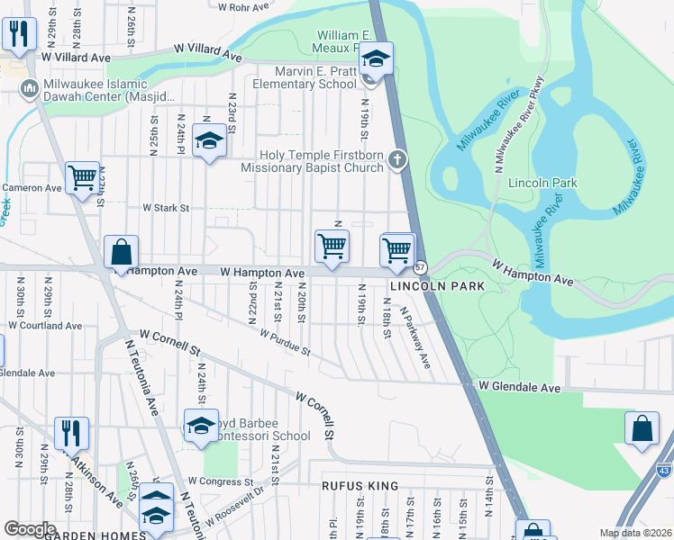 map of restaurants, bars, coffee shops, grocery stores, and more near W Hampton Ave & N 19th Pl in Milwaukee