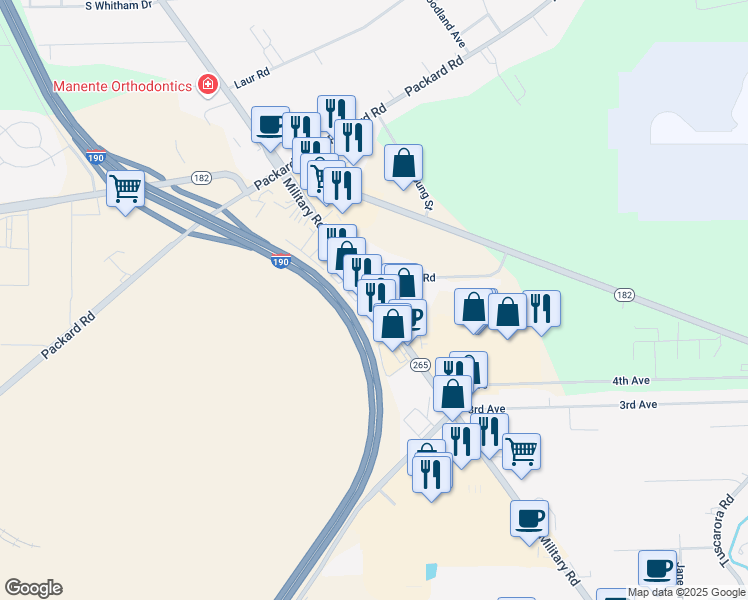 map of restaurants, bars, coffee shops, grocery stores, and more near Military Road in Niagara Falls