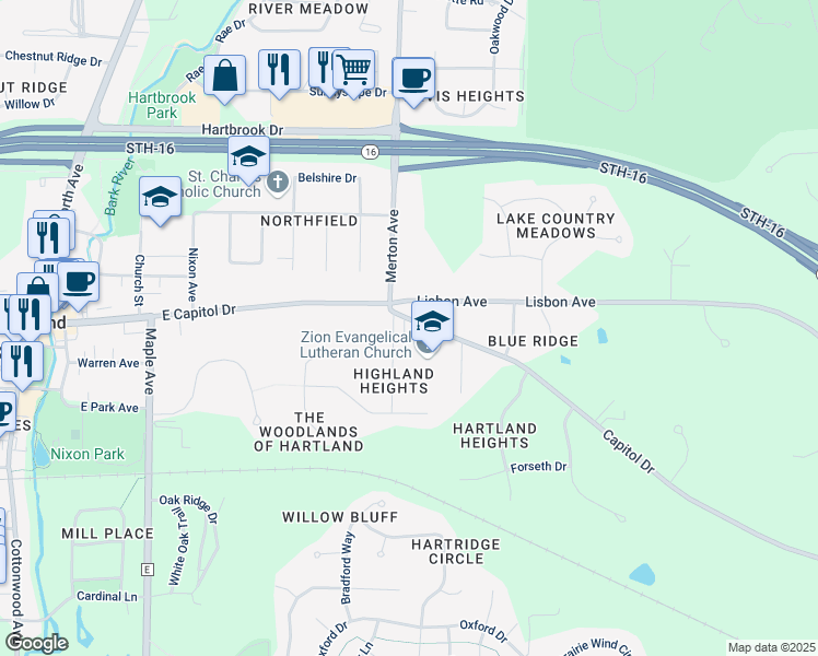 map of restaurants, bars, coffee shops, grocery stores, and more near 921 East Capitol Drive in Hartland