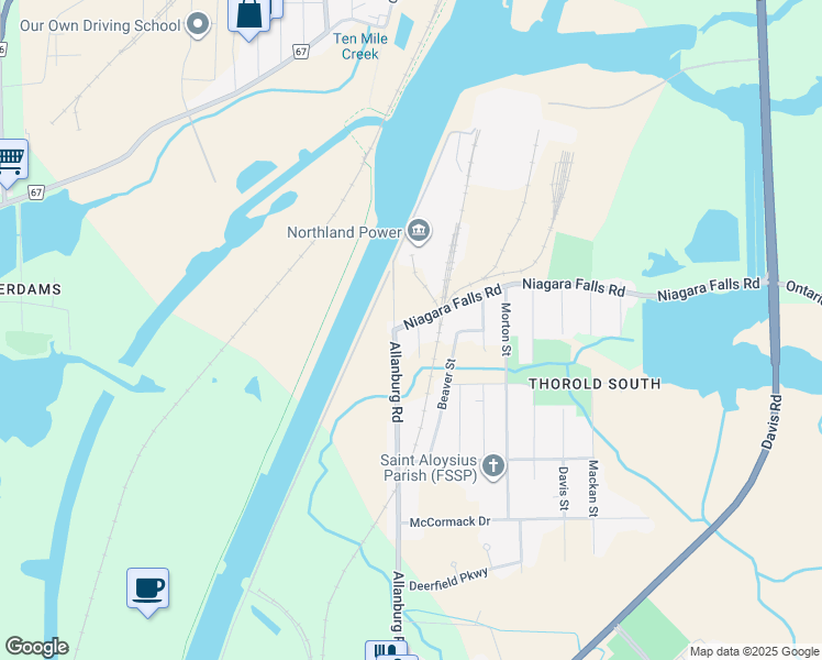 map of restaurants, bars, coffee shops, grocery stores, and more near 108 Niagara Falls Road in Thorold