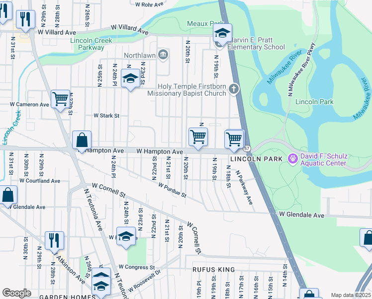 map of restaurants, bars, coffee shops, grocery stores, and more near W Hampton Ave & N 20th St in Milwaukee