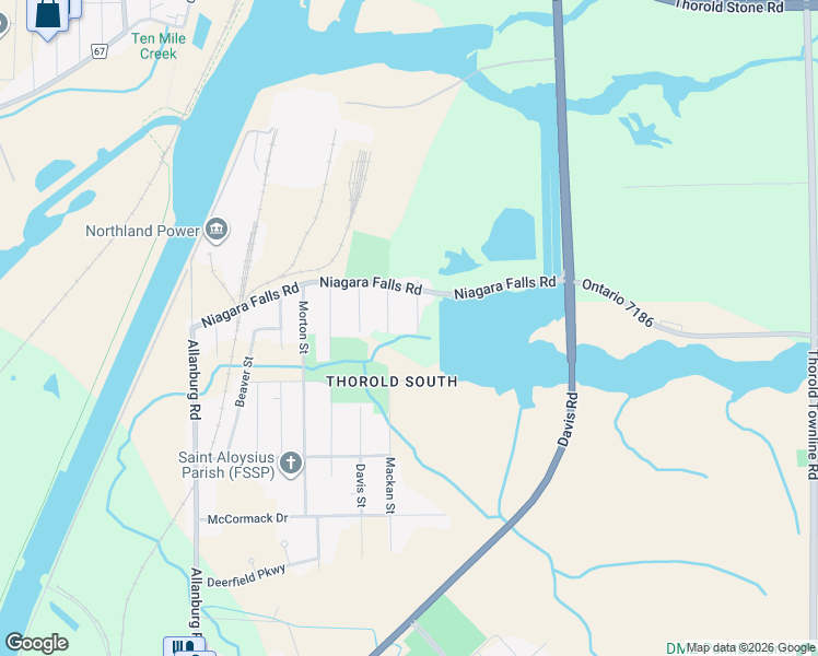 map of restaurants, bars, coffee shops, grocery stores, and more near 115 Bartlett Street in Thorold