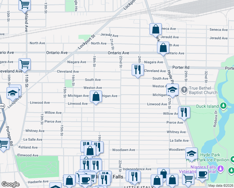 map of restaurants, bars, coffee shops, grocery stores, and more near 1882 Michigan Avenue in Niagara Falls