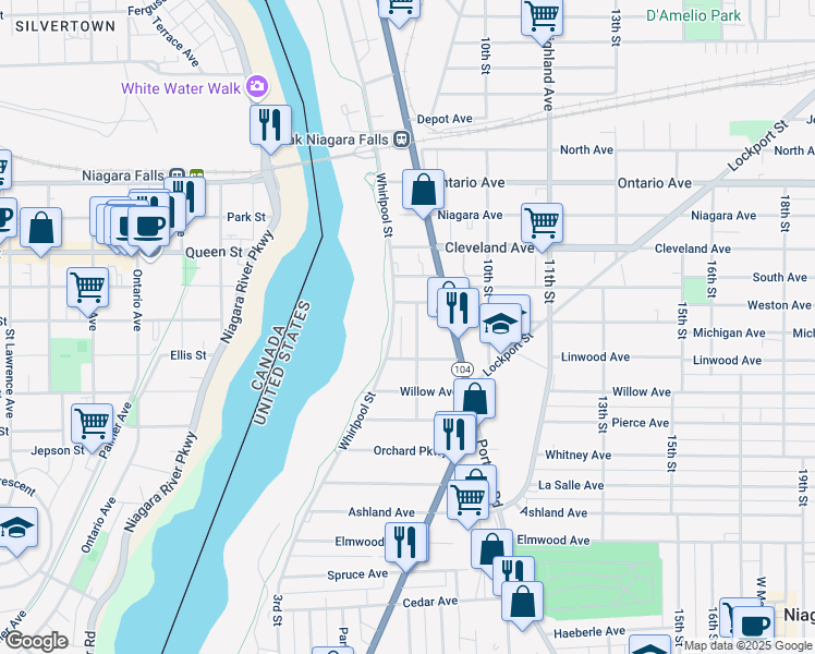 map of restaurants, bars, coffee shops, grocery stores, and more near 1610 8th Street in Niagara Falls