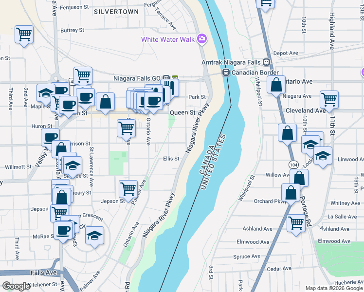 map of restaurants, bars, coffee shops, grocery stores, and more near 4835 Zimmerman Avenue in Niagara Falls