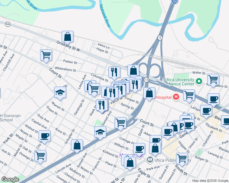 map of restaurants, bars, coffee shops, grocery stores, and more near 804 Hamilton Street in Utica