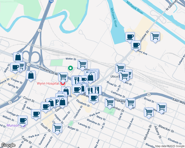 map of restaurants, bars, coffee shops, grocery stores, and more near 121 Hotel Street in Utica