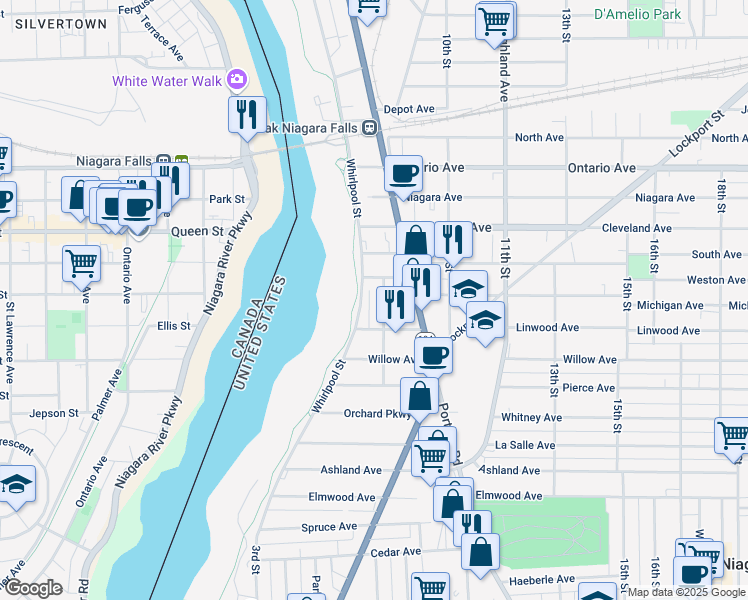 map of restaurants, bars, coffee shops, grocery stores, and more near 1610 8th Street in Niagara Falls