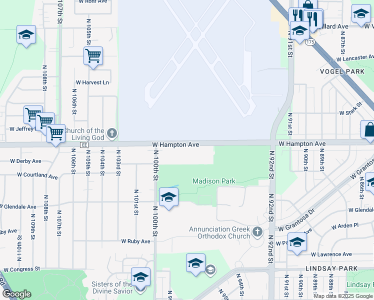 map of restaurants, bars, coffee shops, grocery stores, and more near 9617 West Hampton Avenue in Milwaukee
