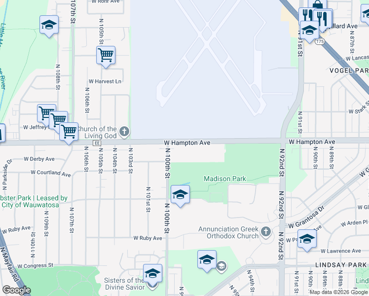 map of restaurants, bars, coffee shops, grocery stores, and more near 4722 North 100th Street in Wauwatosa