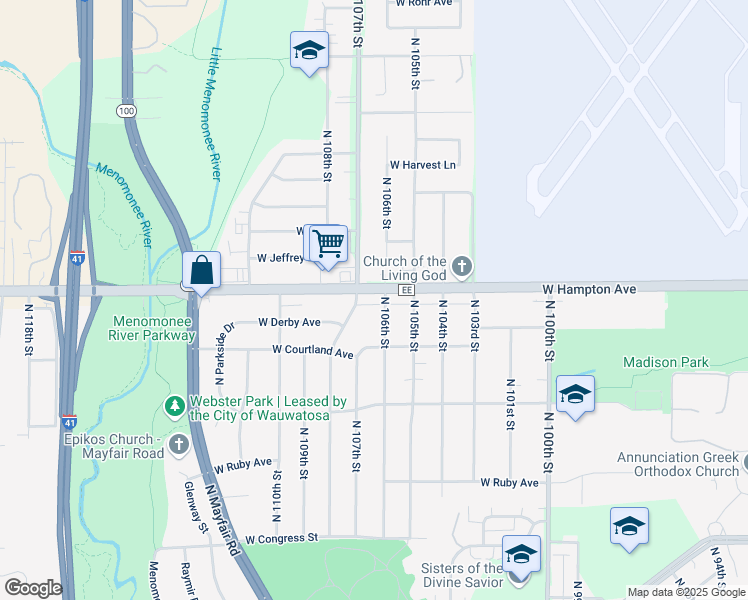 map of restaurants, bars, coffee shops, grocery stores, and more near 4758 North 108th Street in Wauwatosa