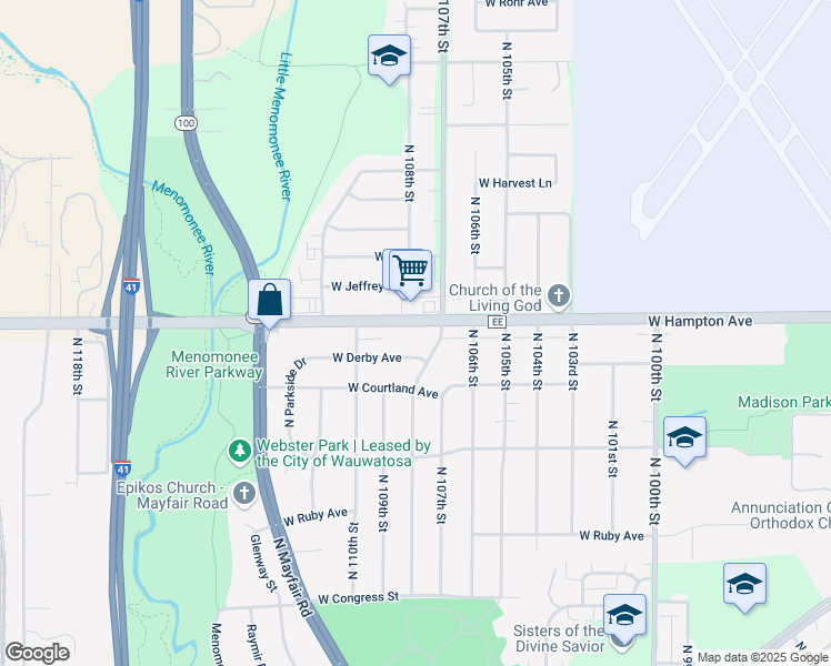 map of restaurants, bars, coffee shops, grocery stores, and more near 10812 West Derby Avenue in Wauwatosa