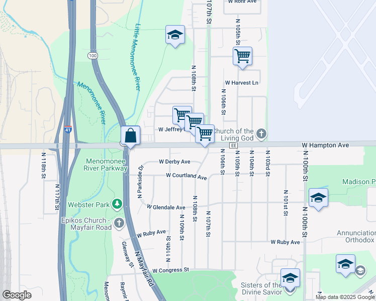 map of restaurants, bars, coffee shops, grocery stores, and more near 10812 West Derby Avenue in Wauwatosa