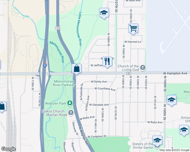 map of restaurants, bars, coffee shops, grocery stores, and more near 11026 West Derby Avenue in Wauwatosa