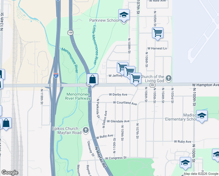 map of restaurants, bars, coffee shops, grocery stores, and more near 11026 West Derby Avenue in Wauwatosa