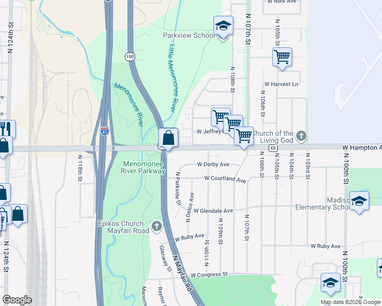 map of restaurants, bars, coffee shops, grocery stores, and more near 11026 West Derby Avenue in Wauwatosa