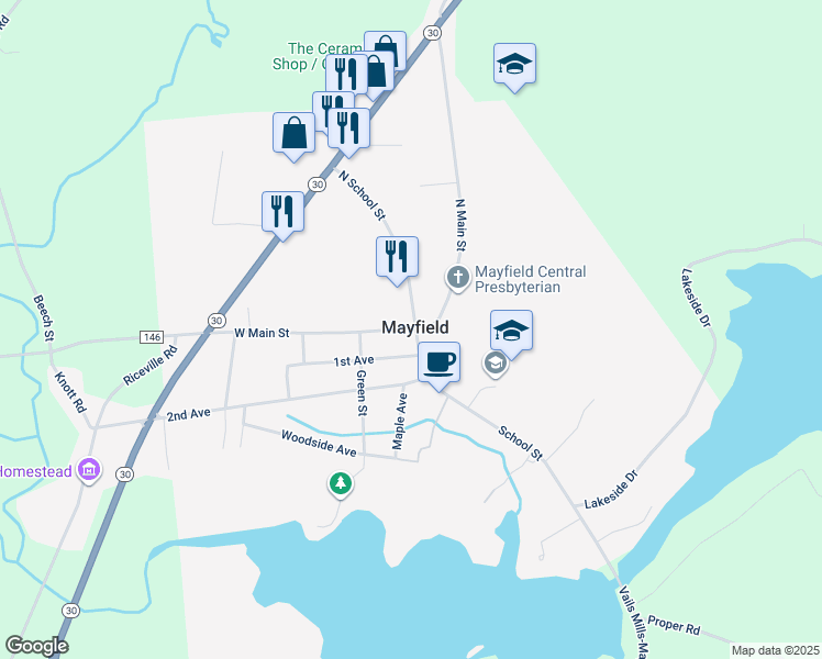 map of restaurants, bars, coffee shops, grocery stores, and more near in Mayfield