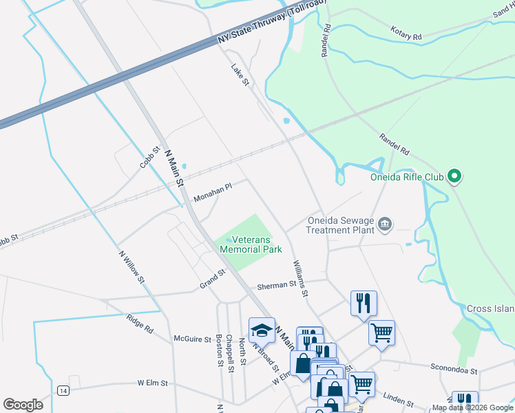 map of restaurants, bars, coffee shops, grocery stores, and more near 375 Williams Street in Oneida