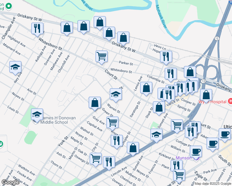 map of restaurants, bars, coffee shops, grocery stores, and more near 929 York Street in Utica